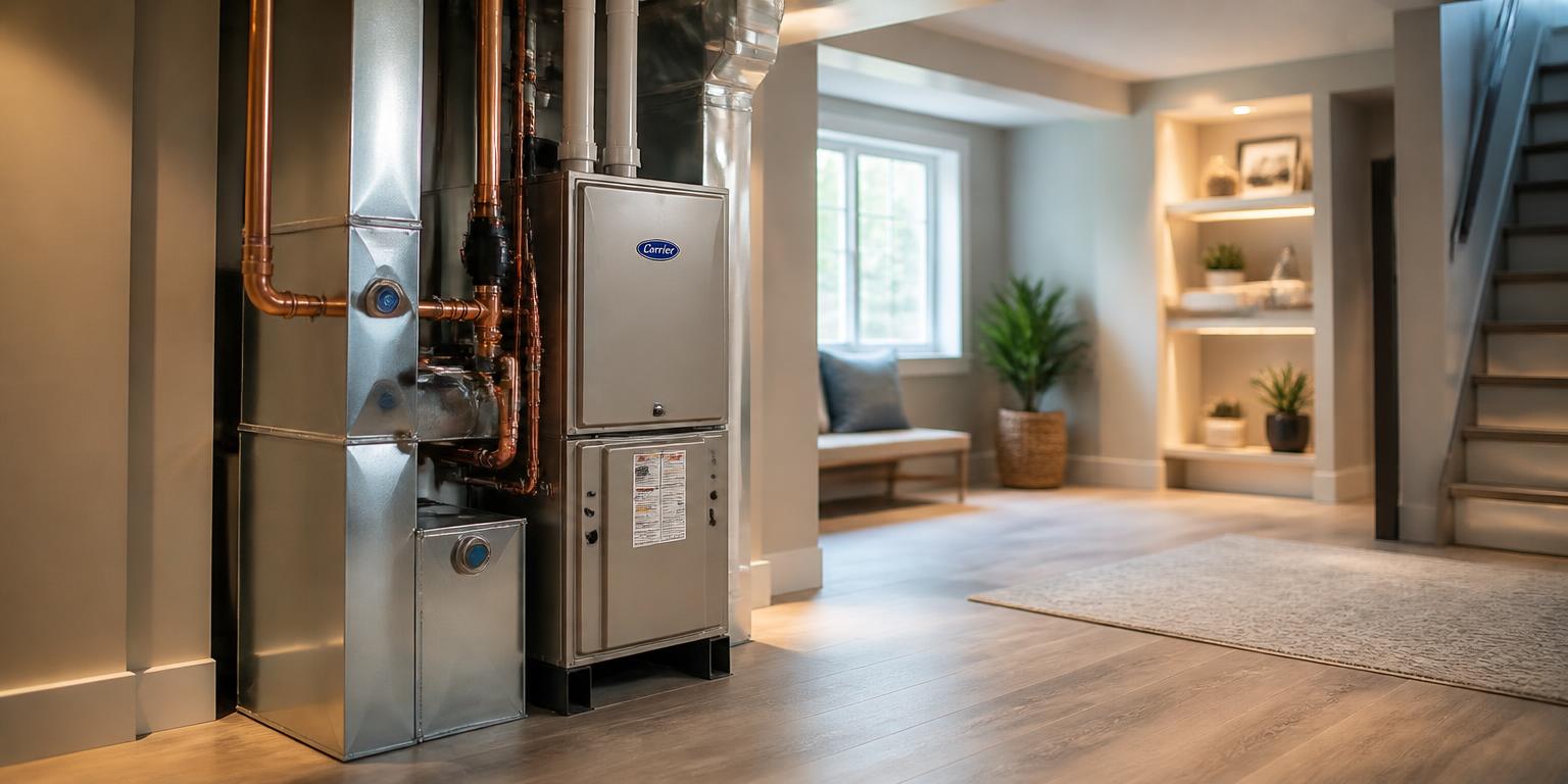 Modern high-efficiency HVAC system installed in a clean residential utility room